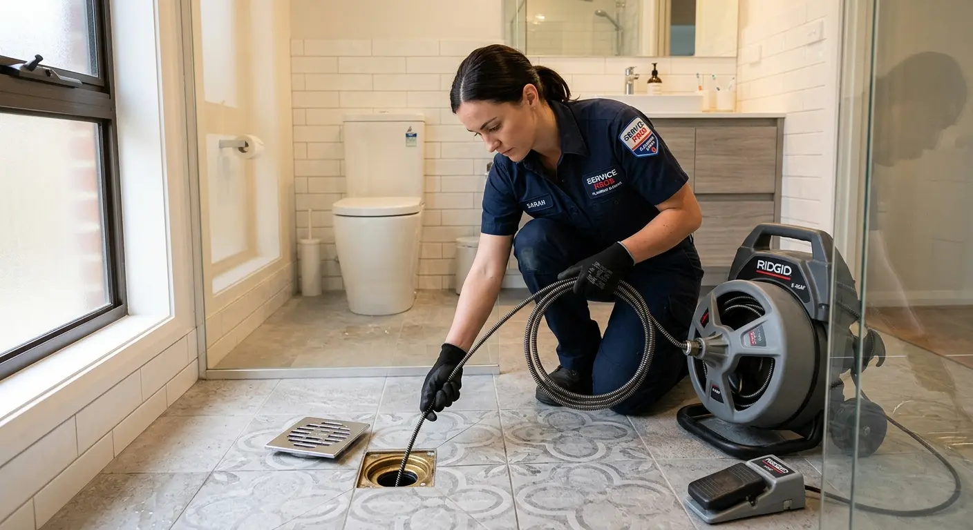 Technician clearing a bathroom floor drain for Sewer Line Replacement in Henryetta